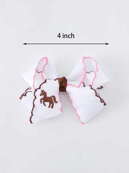 Girls Western Horse Embroidered Bow Hair Clip | 4-Inch Ruffle Edge