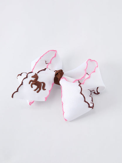 Girls Western Horse Embroidered Bow Hair Clip | 4-Inch Ruffle Edge