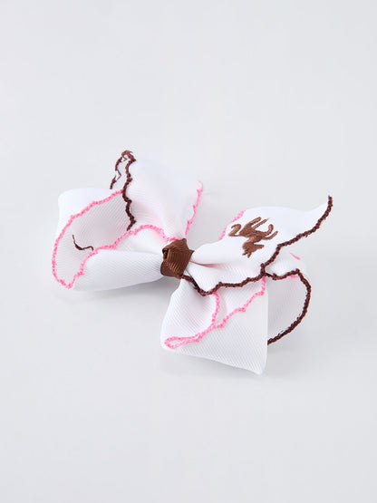 Girls Western Horse Embroidered Bow Hair Clip | 4-Inch Ruffle Edge