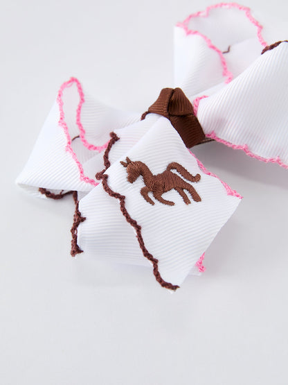 Girls Western Horse Embroidered Bow Hair Clip | 4-Inch Ruffle Edge