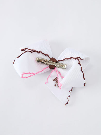 Girls Western Horse Embroidered Bow Hair Clip | 4-Inch Ruffle Edge