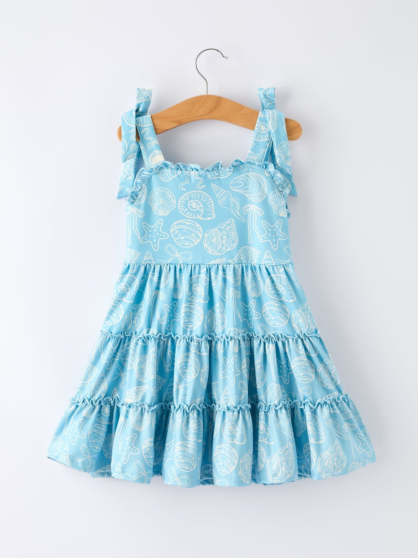 Girls Ocean Seashell Print Tie-Strap Tiered Dress | Spring & Summer