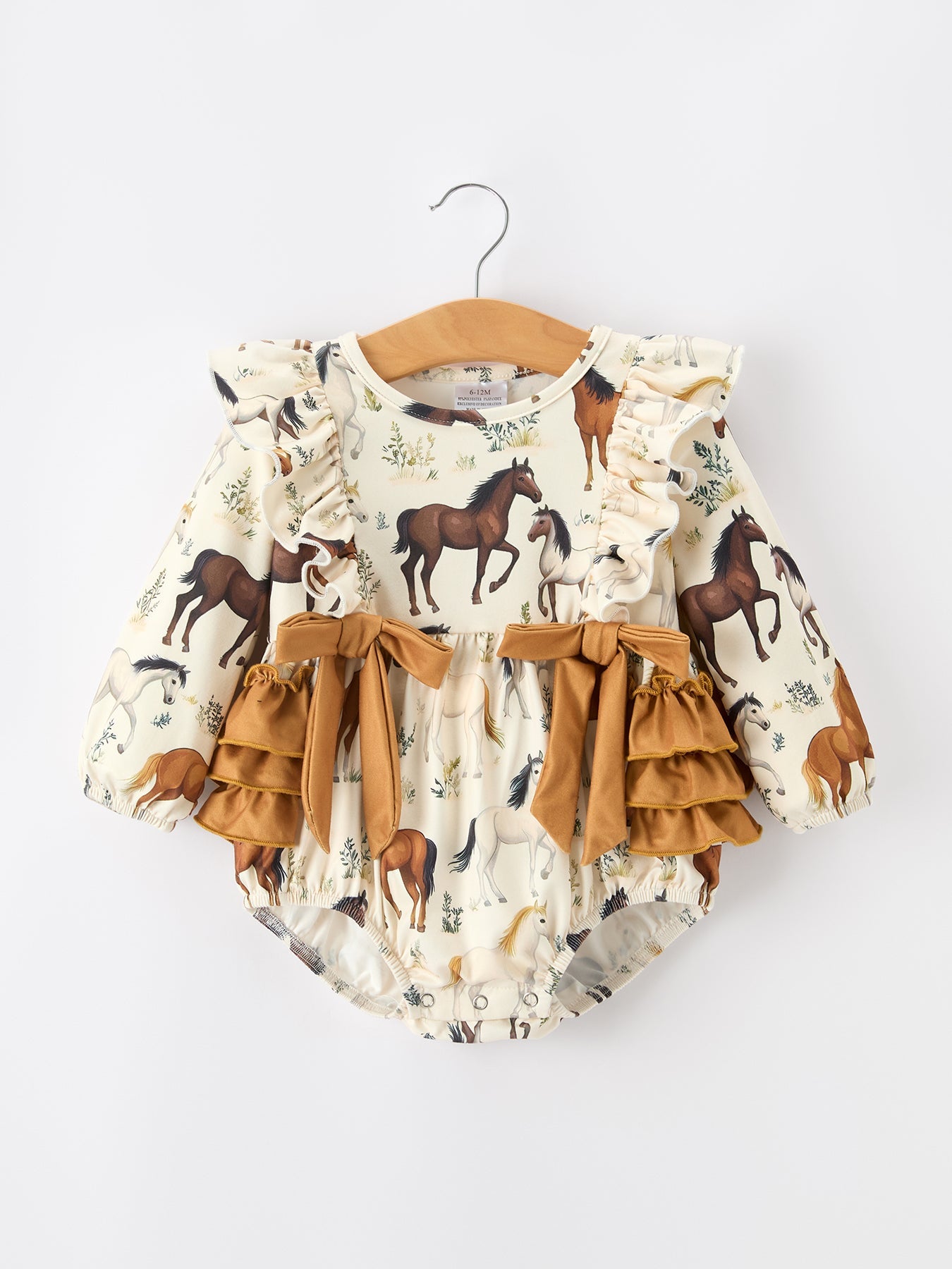 Baby Girls Western Horse Print Ruffle Bow Romper | Long Sleeve