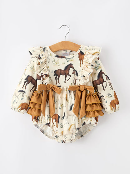 Baby Girls Western Horse Print Ruffle Bow Romper | Long Sleeve