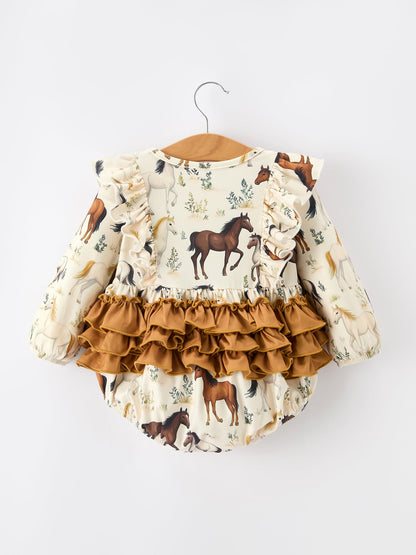 Baby Girls Western Horse Print Ruffle Bow Romper | Long Sleeve
