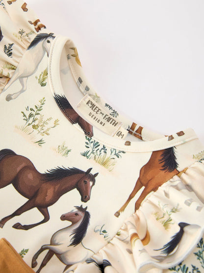 Baby Girls Western Horse Print Ruffle Bow Romper | Long Sleeve