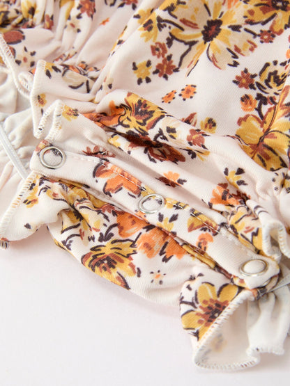 Baby Girls Fall Floral Bubble Romper | Orange Peter Pan Collar Long Sleeve