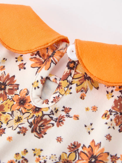 Baby Girls Fall Floral Bubble Romper | Orange Peter Pan Collar Long Sleeve