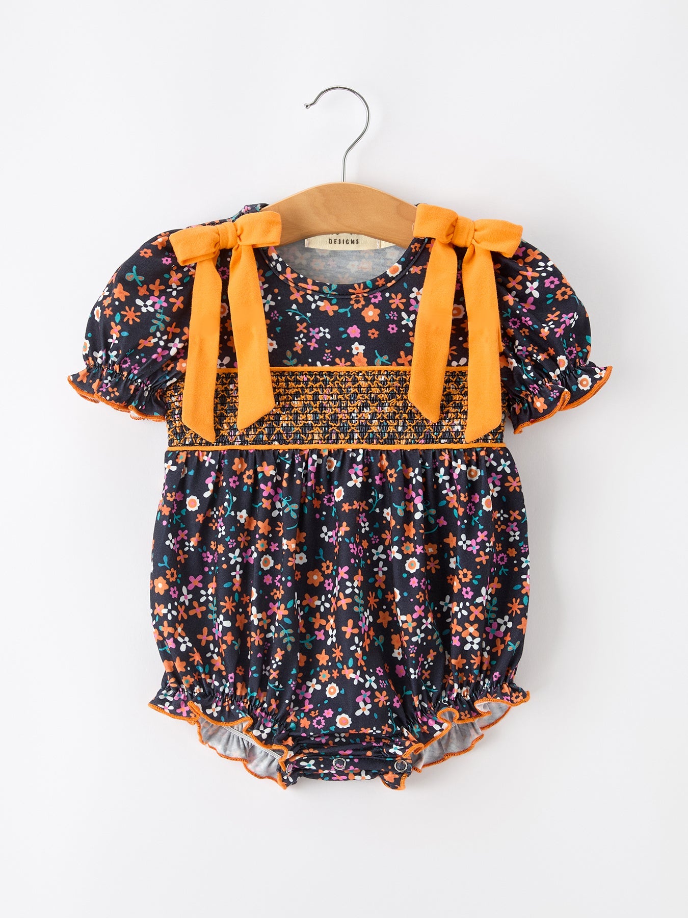 Baby Girls Fall Floral Smocked Bubble Romper | Orange Bow Puff Sleeve
