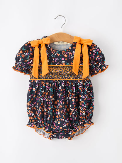 Baby Girls Fall Floral Smocked Bubble Romper | Orange Bow Puff Sleeve
