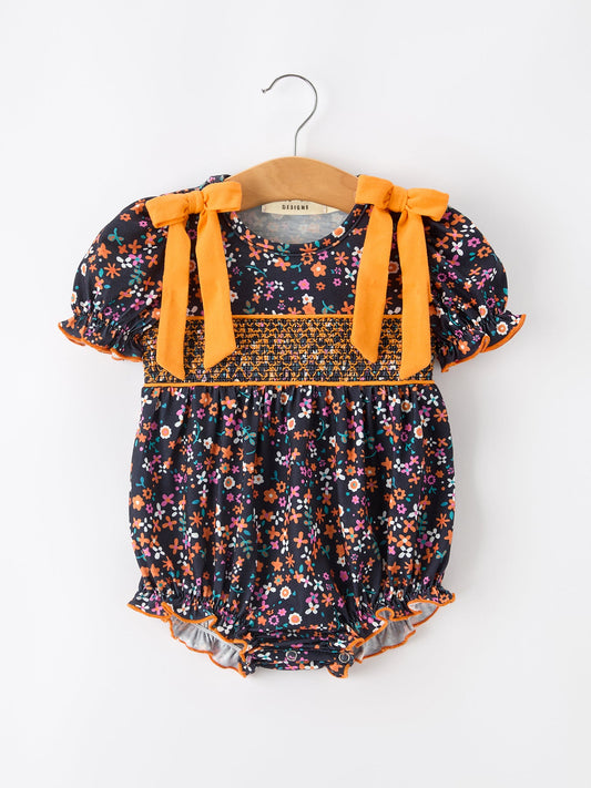 Baby Girls Fall Floral Smocked Bubble Romper | Orange Bow Puff Sleeve