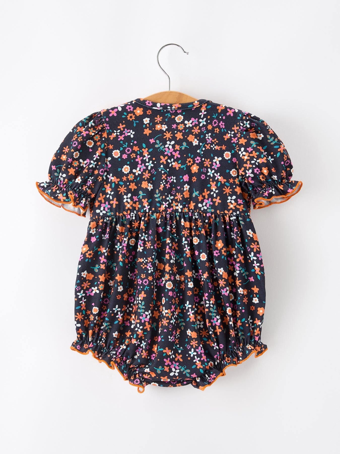 Baby Girls Fall Floral Smocked Bubble Romper | Orange Bow Puff Sleeve