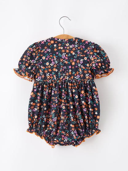 Baby Girls Fall Floral Smocked Bubble Romper | Orange Bow Puff Sleeve