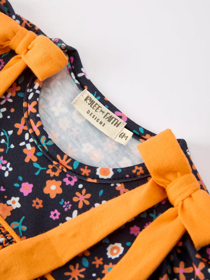 Baby Girls Fall Floral Smocked Bubble Romper | Orange Bow Puff Sleeve