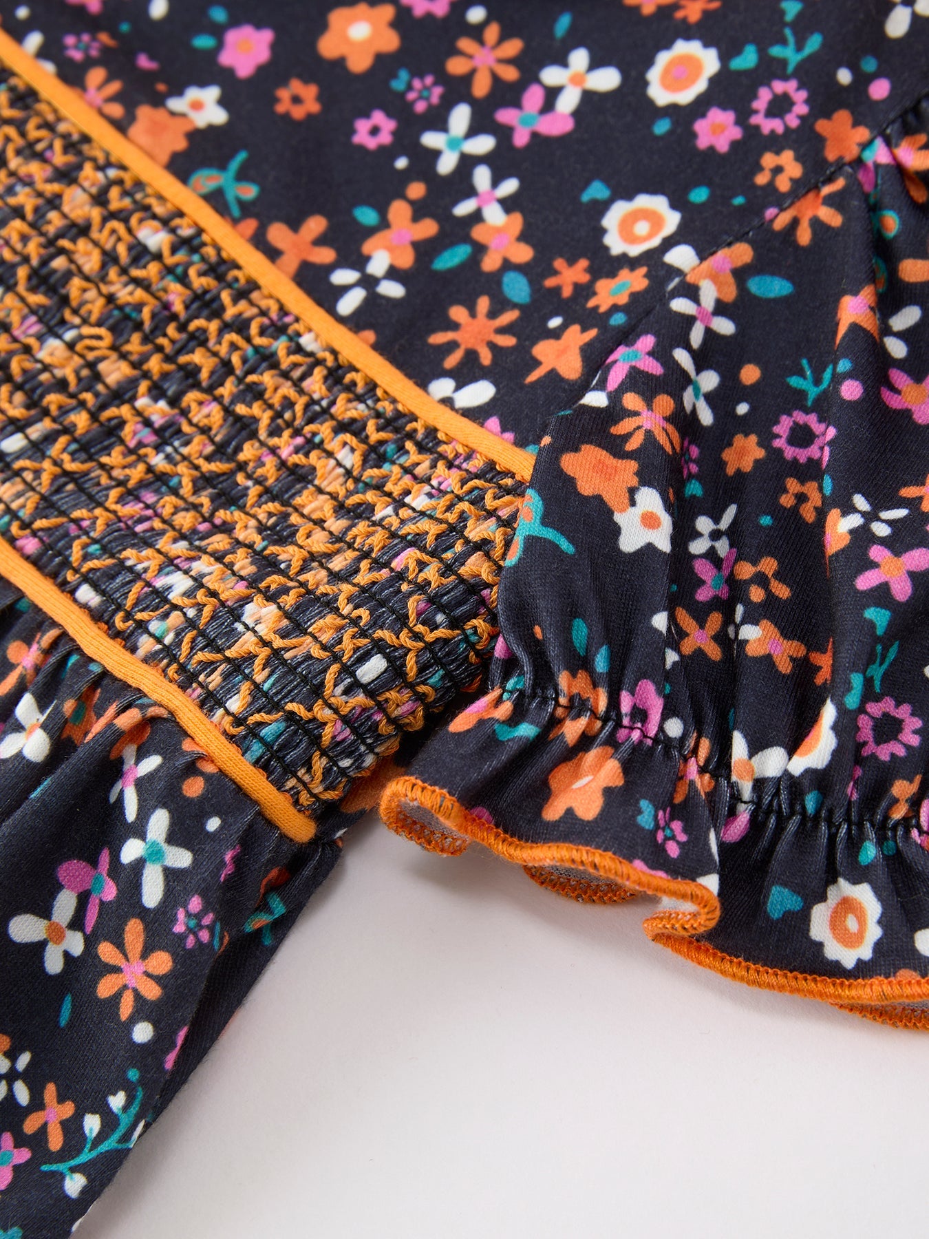Baby Girls Fall Floral Smocked Bubble Romper | Orange Bow Puff Sleeve