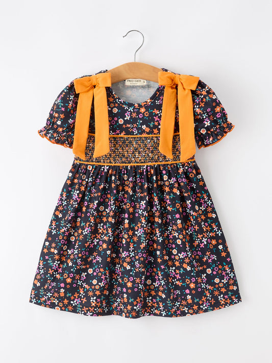 Girls Fall Floral Smocked Dress | Orange Bow Puff Sleeve Boutique Style