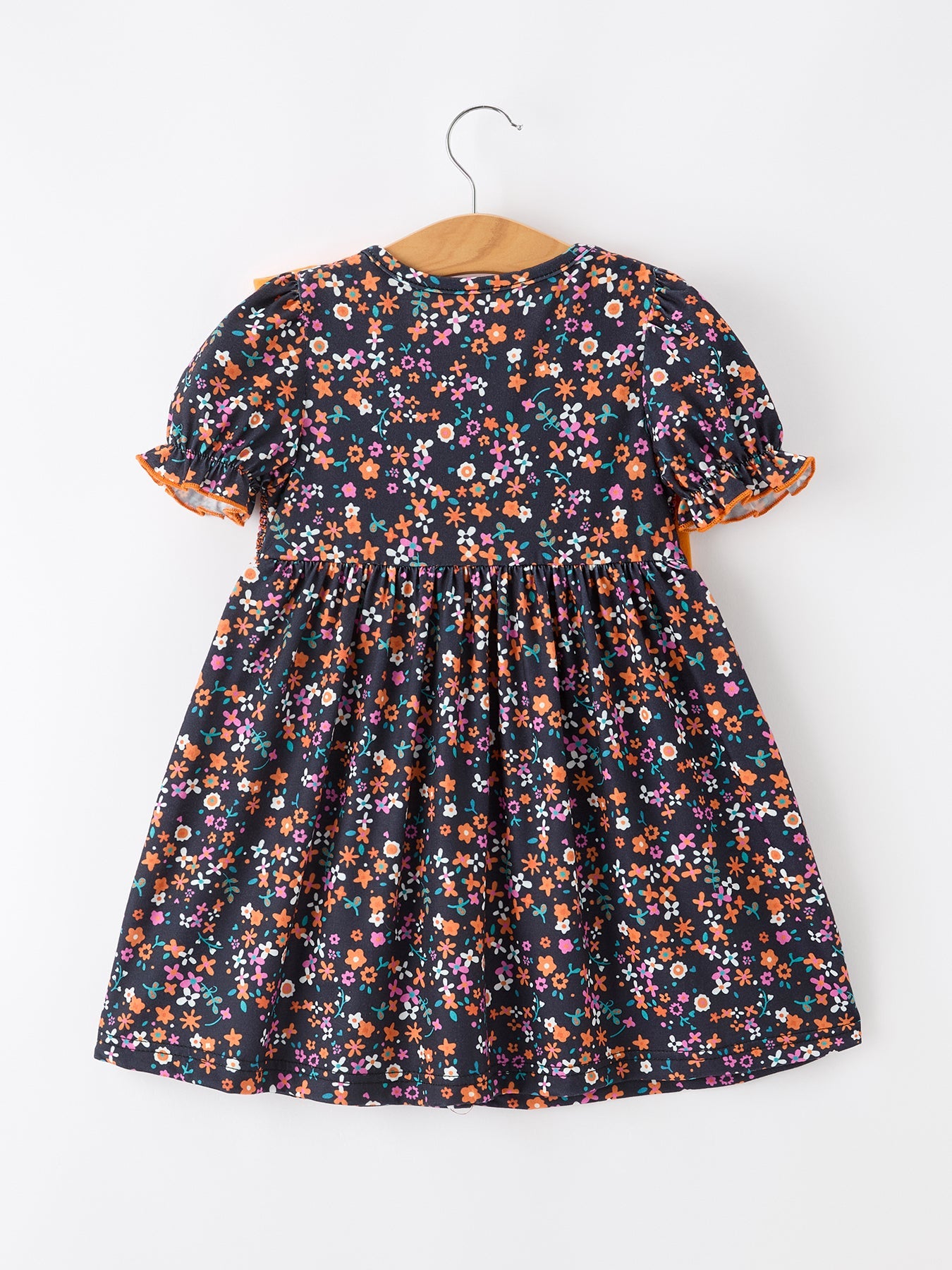 Girls Fall Floral Smocked Dress | Orange Bow Puff Sleeve Boutique Style