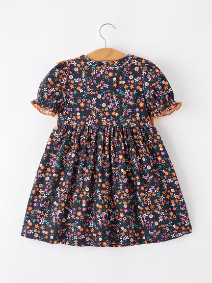 Girls Fall Floral Smocked Dress | Orange Bow Puff Sleeve Boutique Style