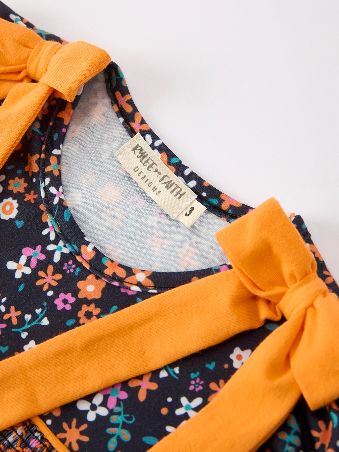 Girls Fall Floral Smocked Dress | Orange Bow Puff Sleeve Boutique Style
