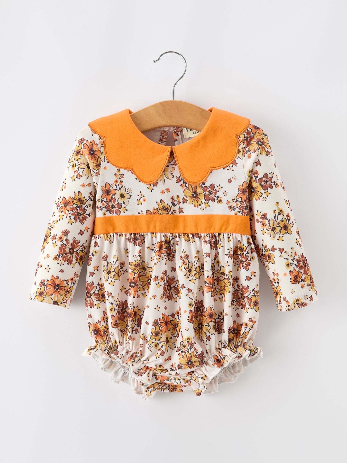 Baby Girls Fall Floral Bubble Romper | Orange Peter Pan Collar Long Sleeve