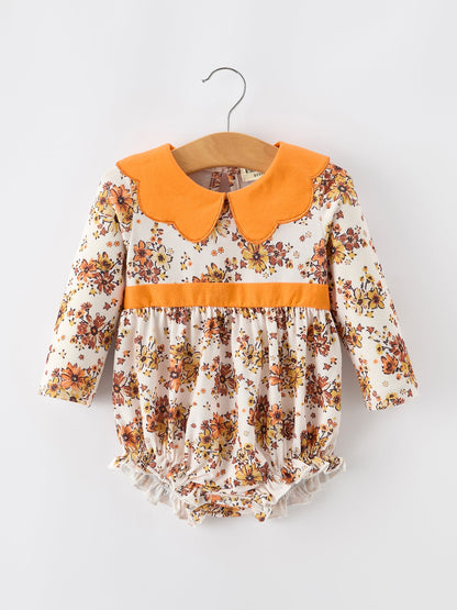 Baby Girls Fall Floral Bubble Romper | Orange Peter Pan Collar Long Sleeve