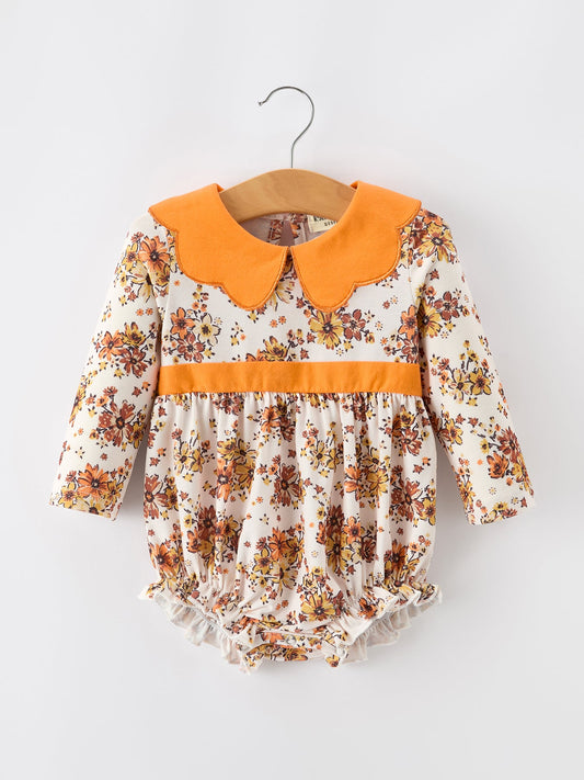 Baby Girls Fall Floral Bubble Romper | Orange Peter Pan Collar Long Sleeve