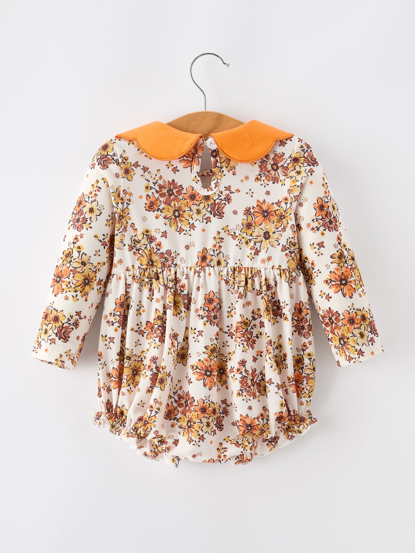 Baby Girls Fall Floral Bubble Romper | Orange Peter Pan Collar Long Sleeve