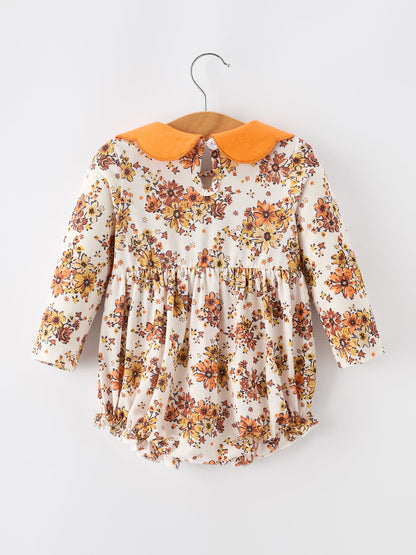 Baby Girls Fall Floral Bubble Romper | Orange Peter Pan Collar Long Sleeve