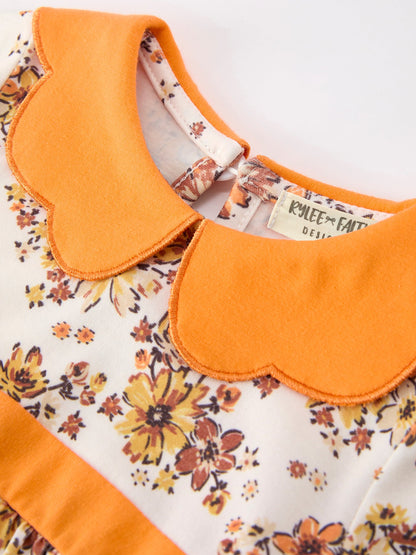 Baby Girls Fall Floral Bubble Romper | Orange Peter Pan Collar Long Sleeve