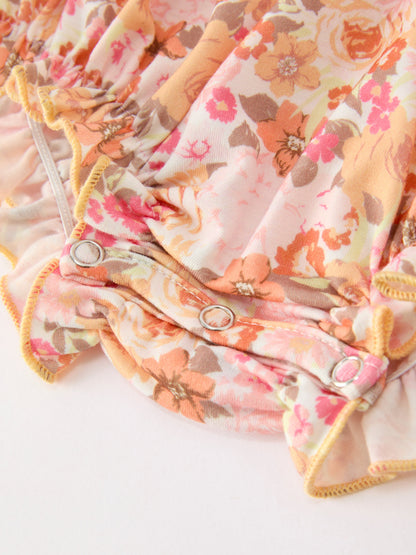 Baby Girls Peach Floral Smocked Bubble Romper | Bow Shoulder Puff Sleeve