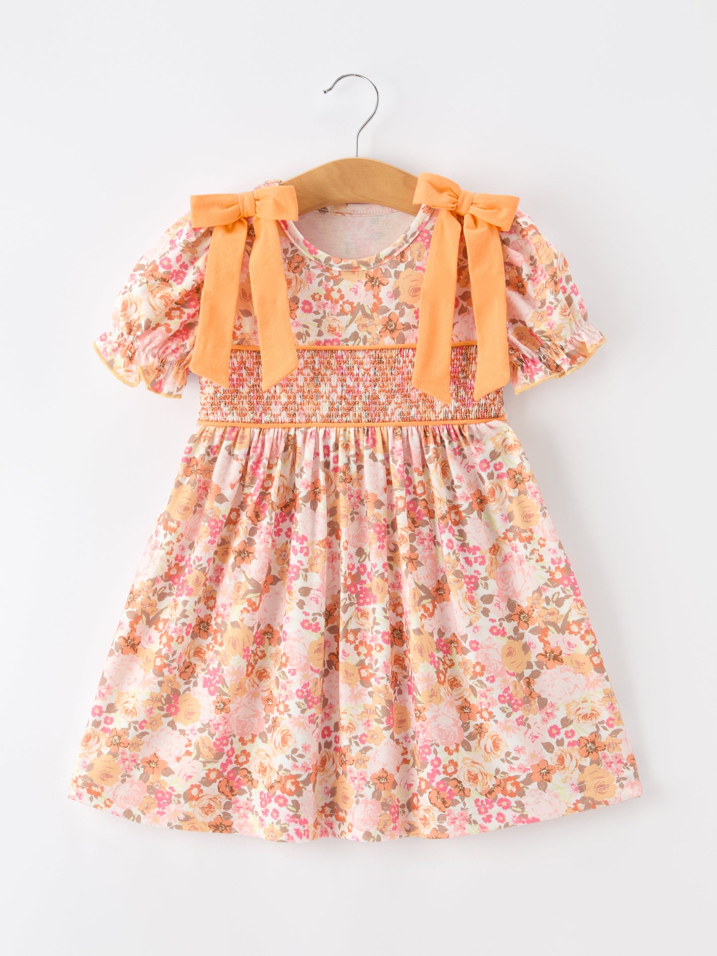 Girls Peach Floral Smocked Dress | Bow Shoulder Puff Sleeve Boutique
