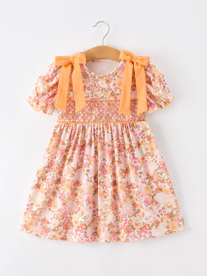 Girls Peach Floral Smocked Dress | Bow Shoulder Puff Sleeve Boutique