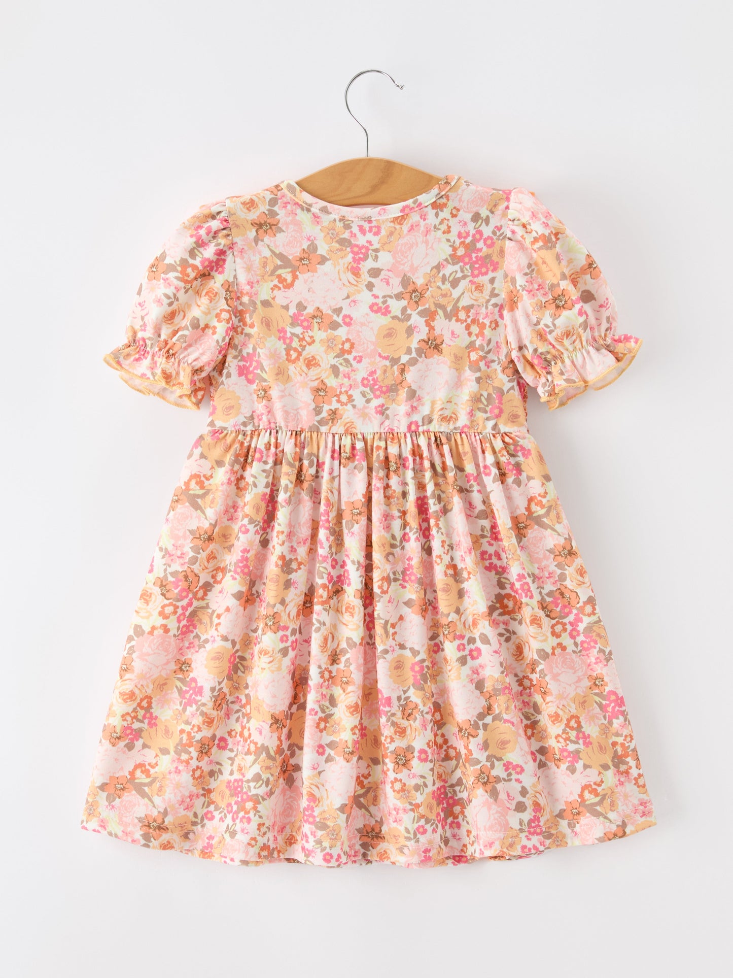 Girls Peach Floral Smocked Dress | Bow Shoulder Puff Sleeve Boutique