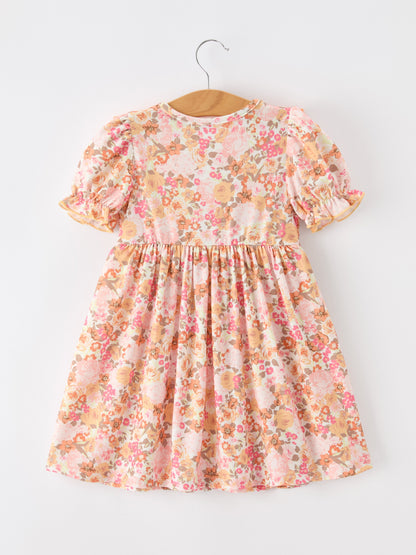 Girls Peach Floral Smocked Dress | Bow Shoulder Puff Sleeve Boutique
