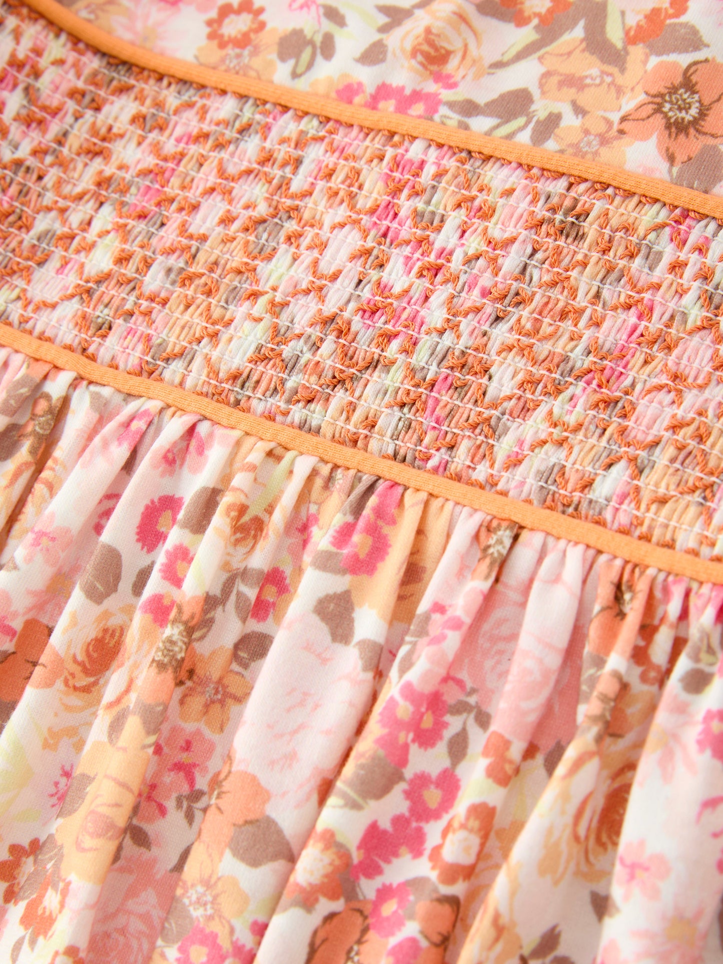 Girls Peach Floral Smocked Dress | Bow Shoulder Puff Sleeve Boutique