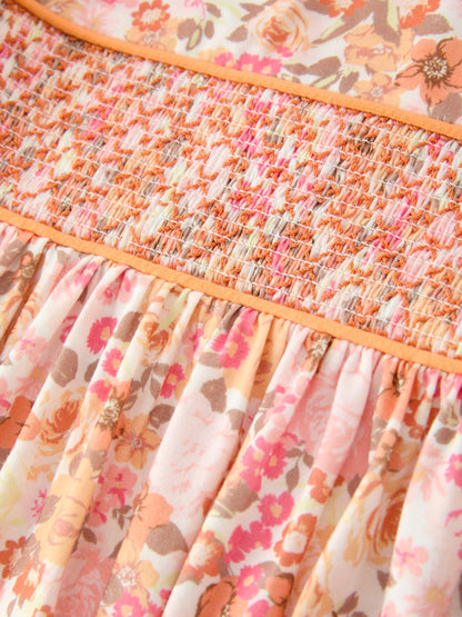 Girls Peach Floral Smocked Dress | Bow Shoulder Puff Sleeve Boutique