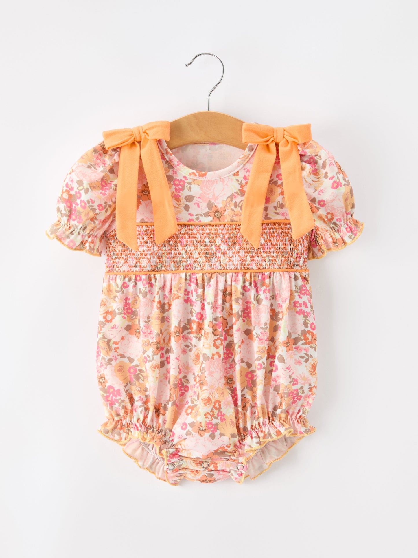 Baby Girls Peach Floral Smocked Bubble Romper | Bow Shoulder Puff Sleeve
