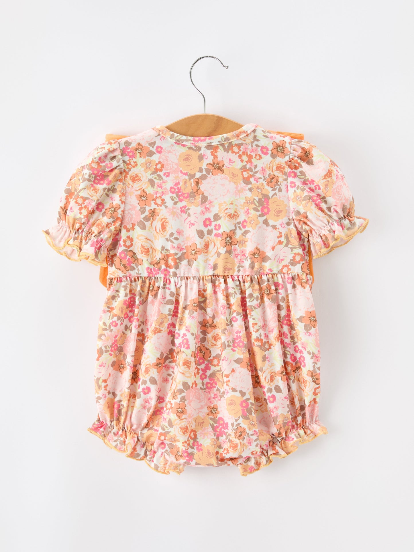 Baby Girls Peach Floral Smocked Bubble Romper | Bow Shoulder Puff Sleeve