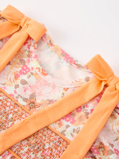 Baby Girls Peach Floral Smocked Bubble Romper | Bow Shoulder Puff Sleeve