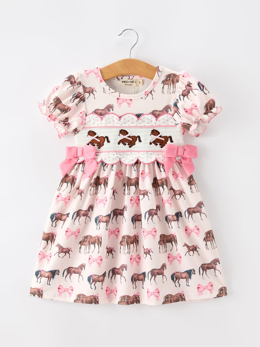 Girls Western Horse Smocked Dress | Pink Bow Puff Sleeve Boutique
