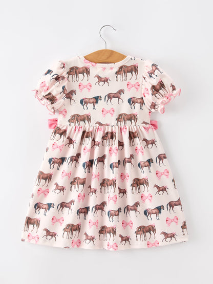 Girls Western Horse Smocked Dress | Pink Bow Puff Sleeve Boutique