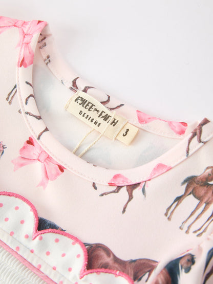 Girls Western Horse Smocked Dress | Pink Bow Puff Sleeve Boutique