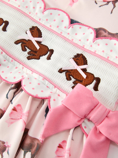 Girls Western Horse Smocked Dress | Pink Bow Puff Sleeve Boutique