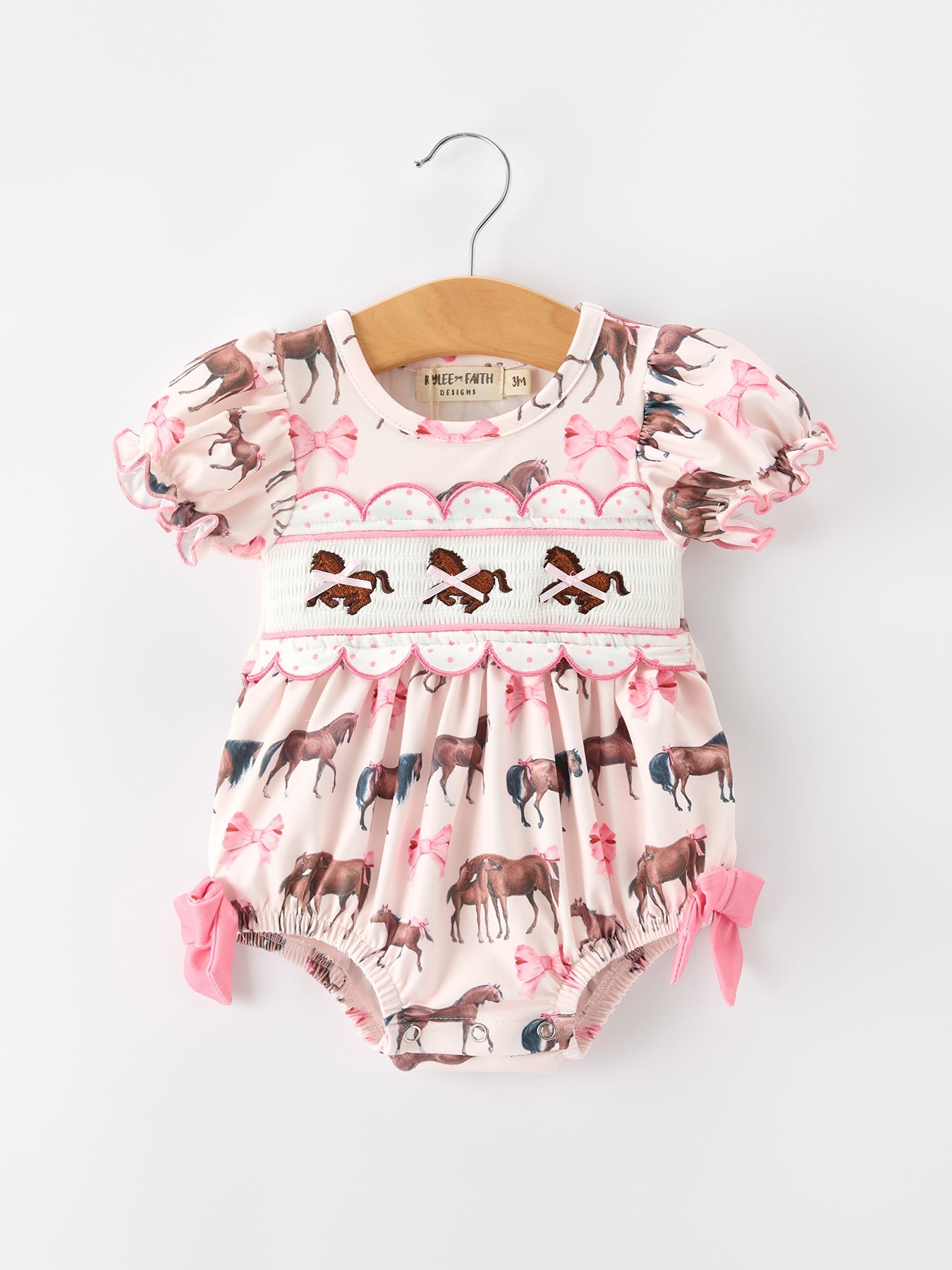 Baby Girls Western Horse Smocked Bubble Romper | Pink Bow Puff Sleeve
