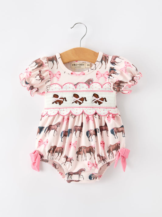 Baby Girls Western Horse Smocked Bubble Romper | Pink Bow Puff Sleeve