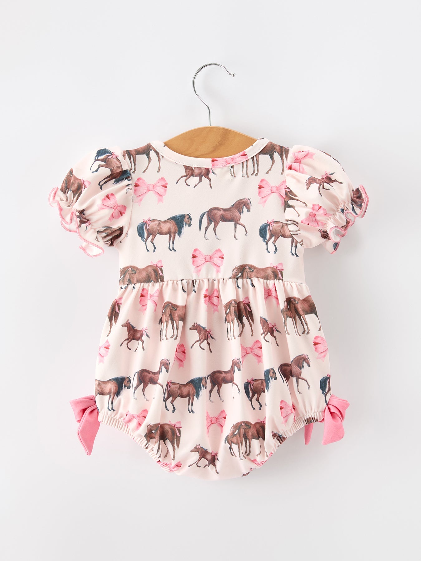 Baby Girls Western Horse Smocked Bubble Romper | Pink Bow Puff Sleeve