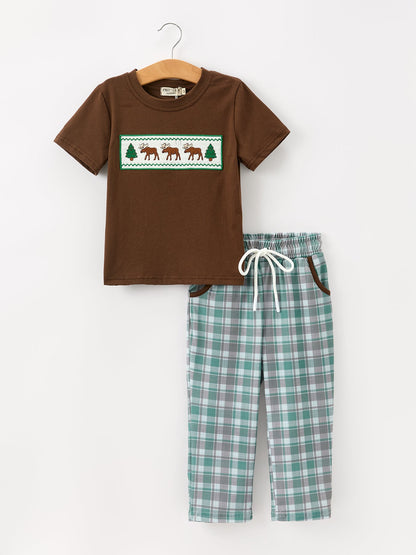 Boys' Smocked Moose Plaid Short-Sleeve Top & Pants Set