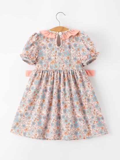 Girls Fall Floral Smocked Ruffle Neck Bow Dress | Boutique Style