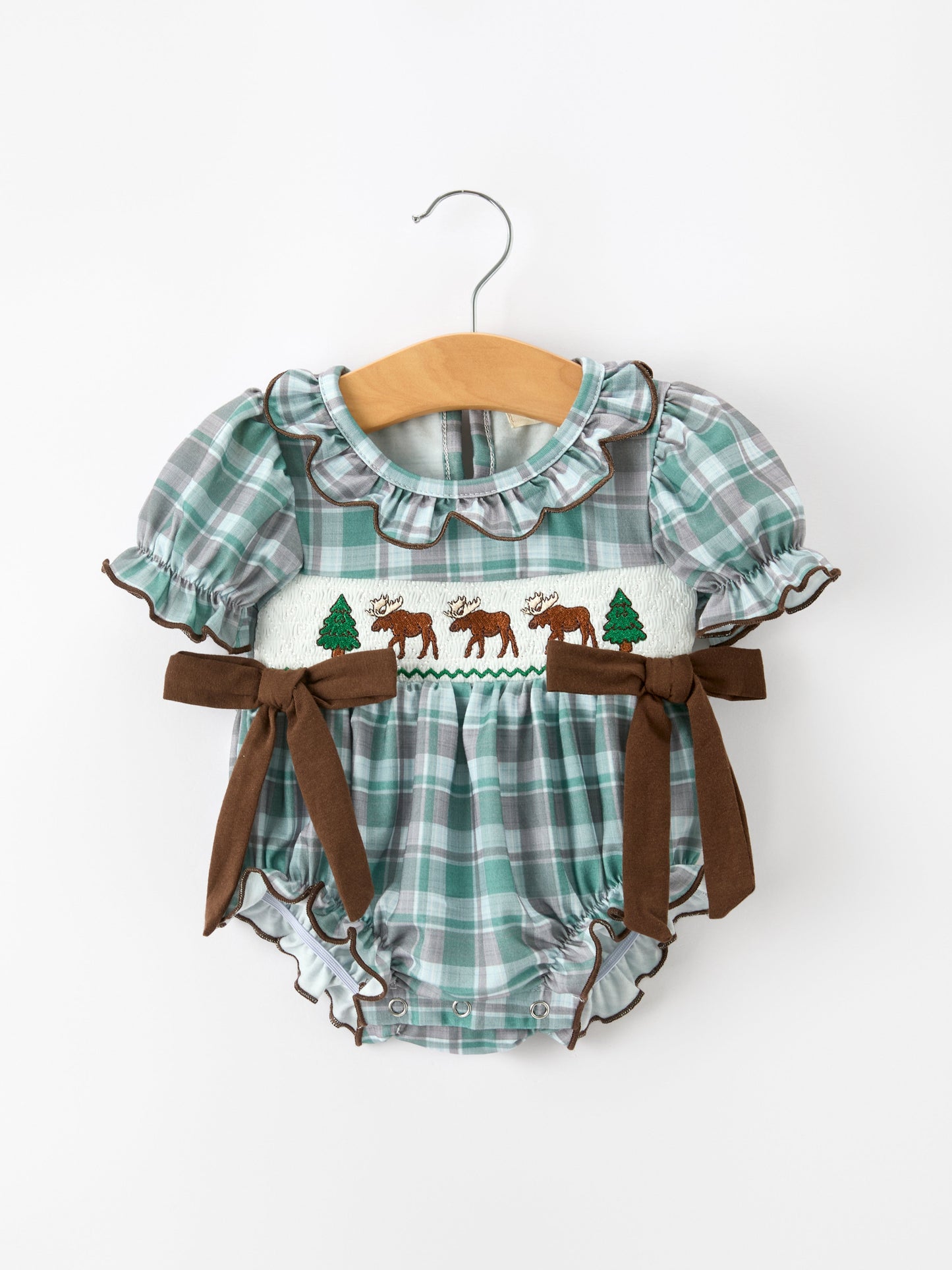 Plaid Moose Smocked Baby Girl Bubble Romper