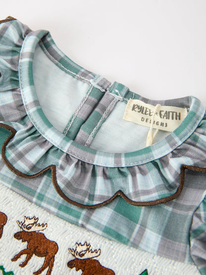 Plaid Moose Smocked Baby Girl Bubble Romper